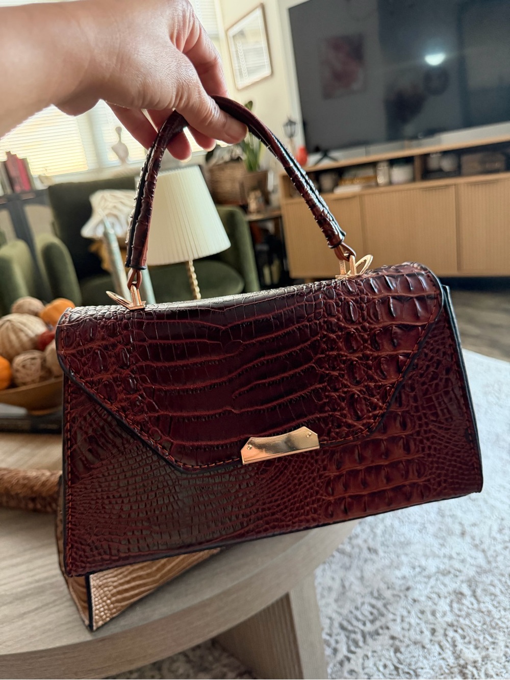 Top-Handle Croc-Embossed Satchel Bag in Deep Burgundy